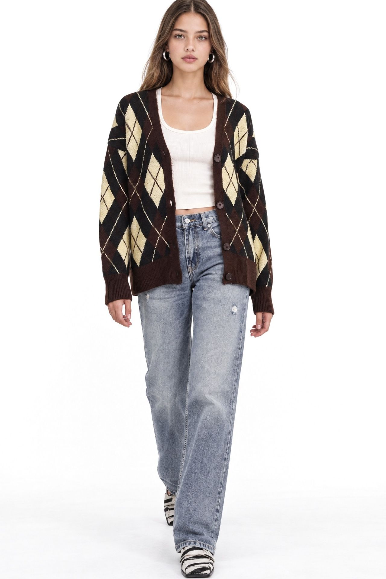 Mixray Oversize Argyle V-Neck Buttoned Cardigan 2