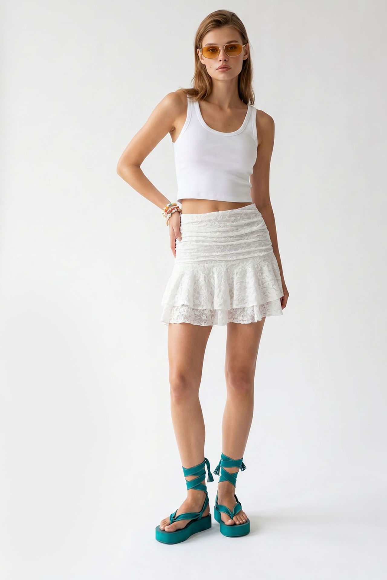 MIXRAY High-Waist Lace Mini Skater Skirt 3
