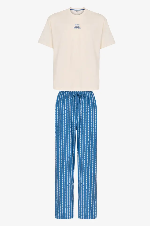 PENTI Men's Refined Striped Oversized Long Pajama Set With Short Sleeves