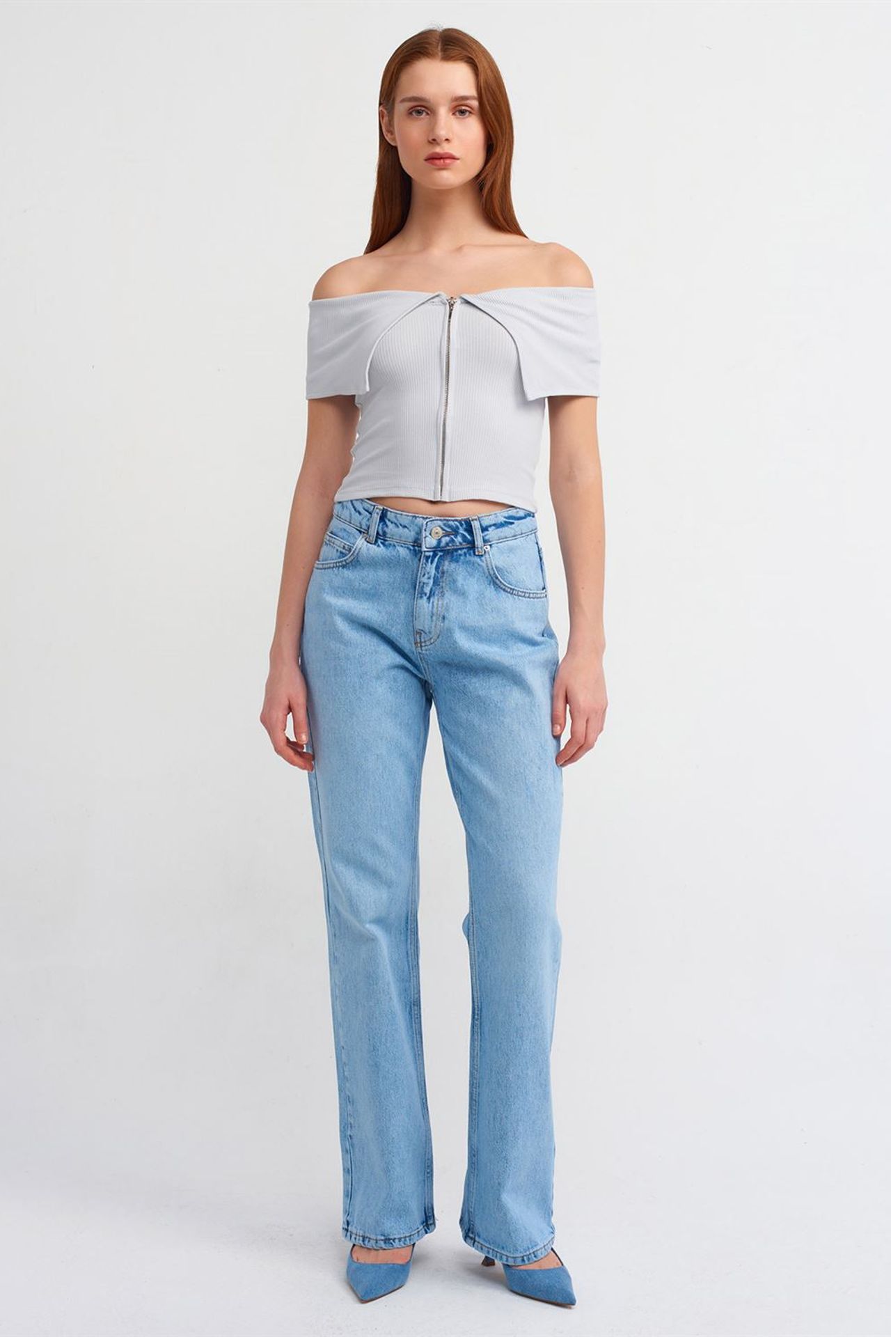 DILVIN Women's Off-shoulder Crop T-shirt With Zipper 3