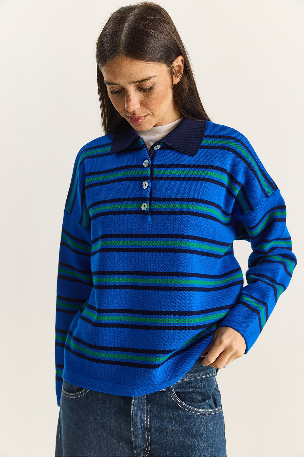 LUCCI Striped Polo Collar Button Sweater 3