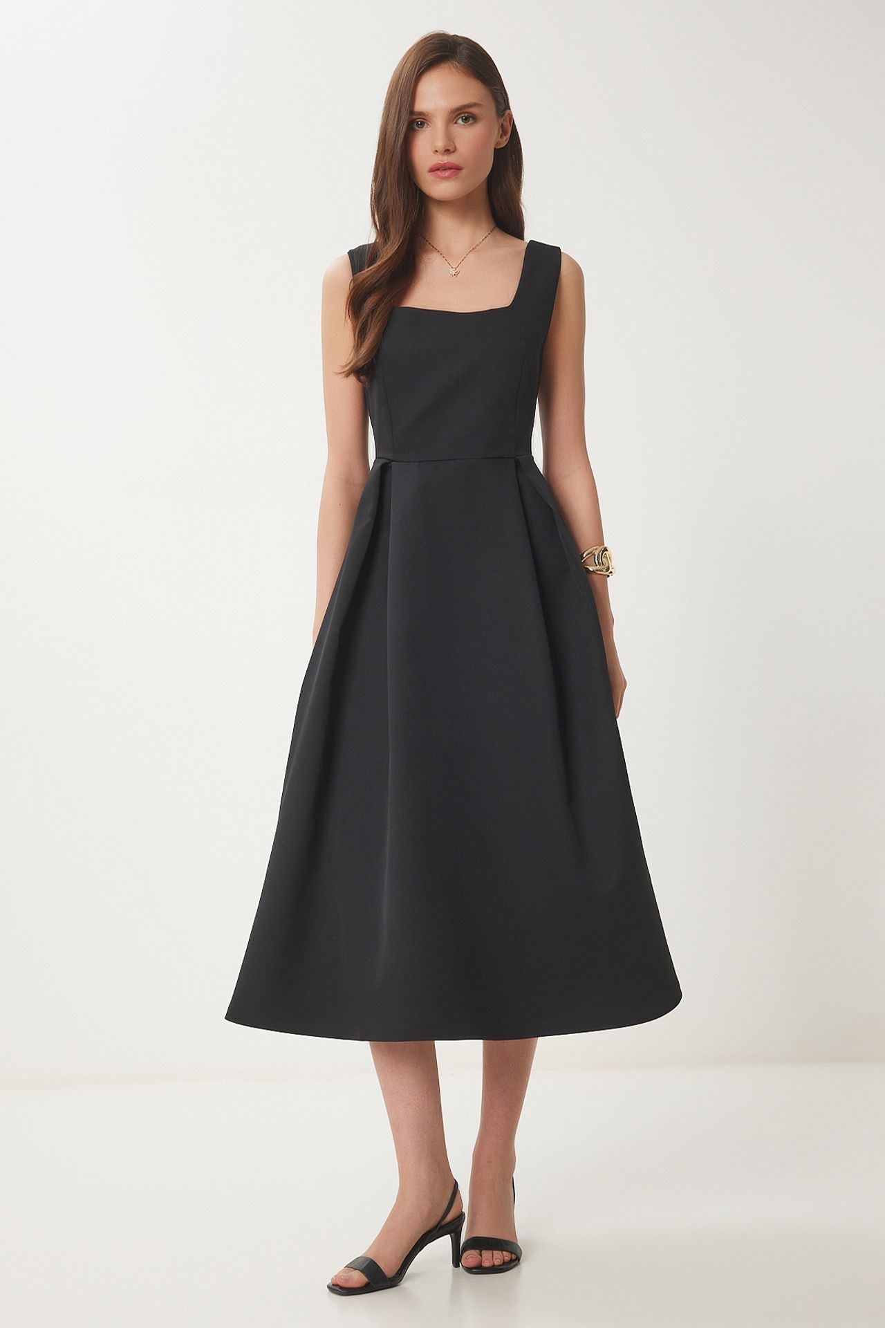 ISTANBUL Square Collar A-Form Midi Dress with Zipper Closure 1
