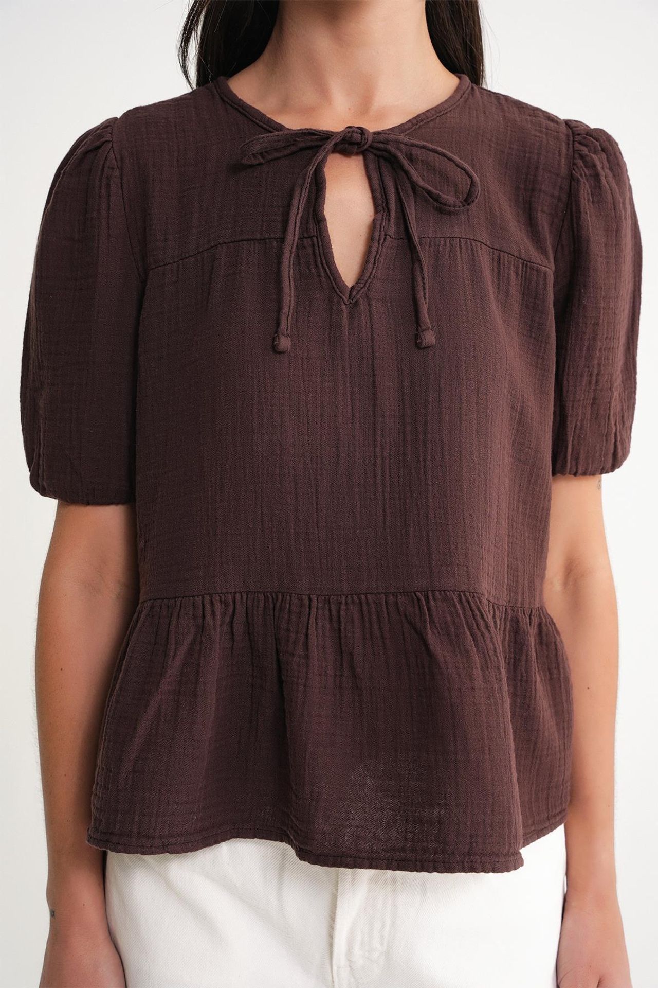 Mixray Textured Muslin Crew Neck Blouse with Binding Detail 5