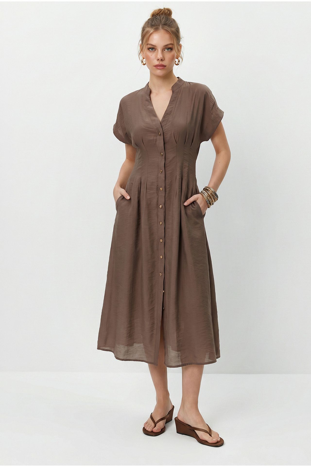 LUCCI A-line Midi Dress With V-neck And Buttons 1