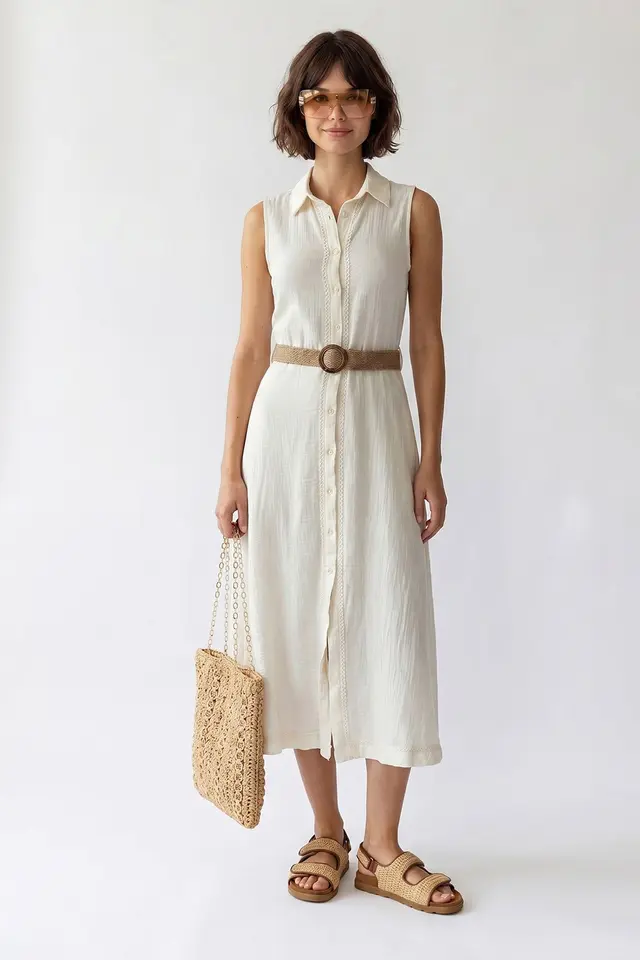 MIXRAY Belted Cotton Midi Shirt Dress