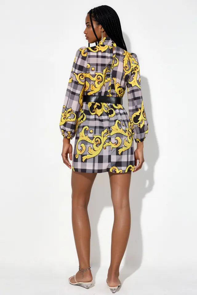 MSN Plaid Belted Turtleneck Mini Dress