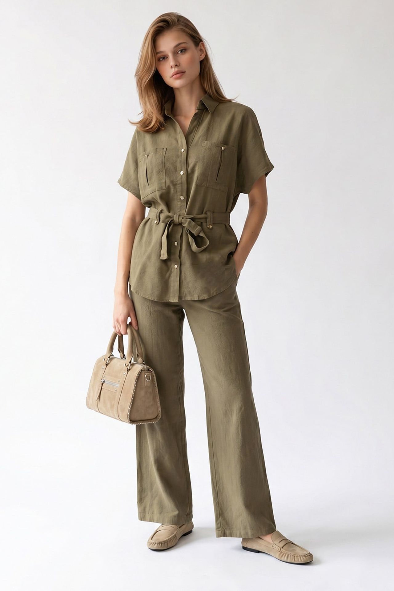 MIXRAY Cotton Shirt And Wide-Leg Trousers Set 2