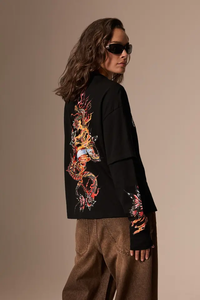 GRIMELANGE Printed Long Sleeve Crew Neck T-Shirt