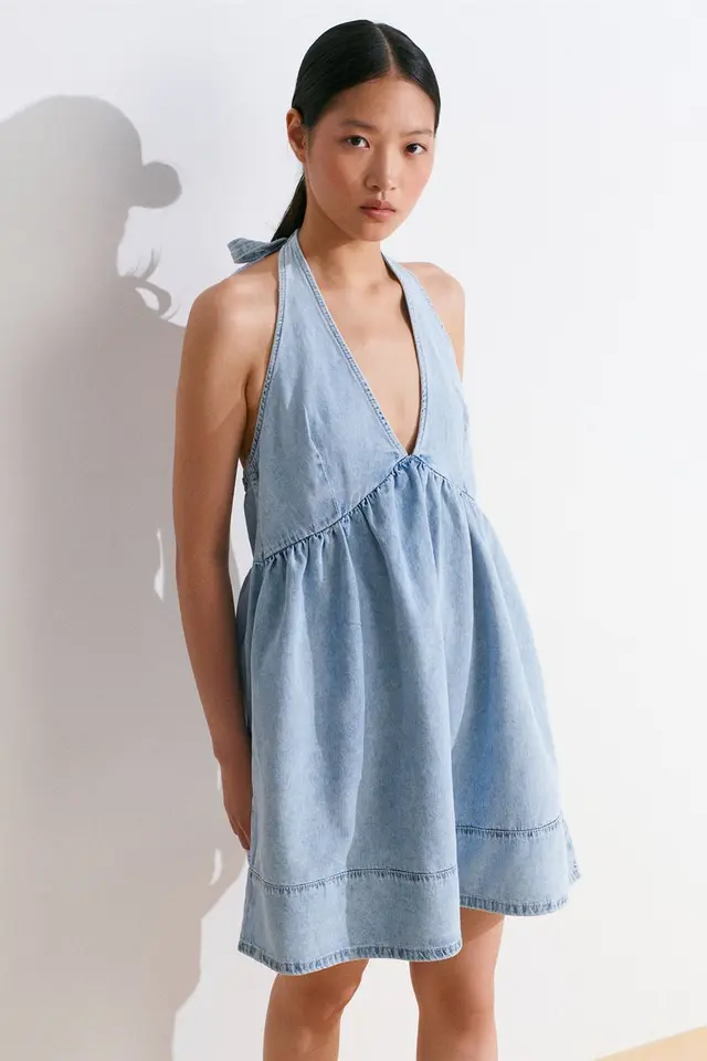 DILVIN Mini Cotton Denim Halter Dress