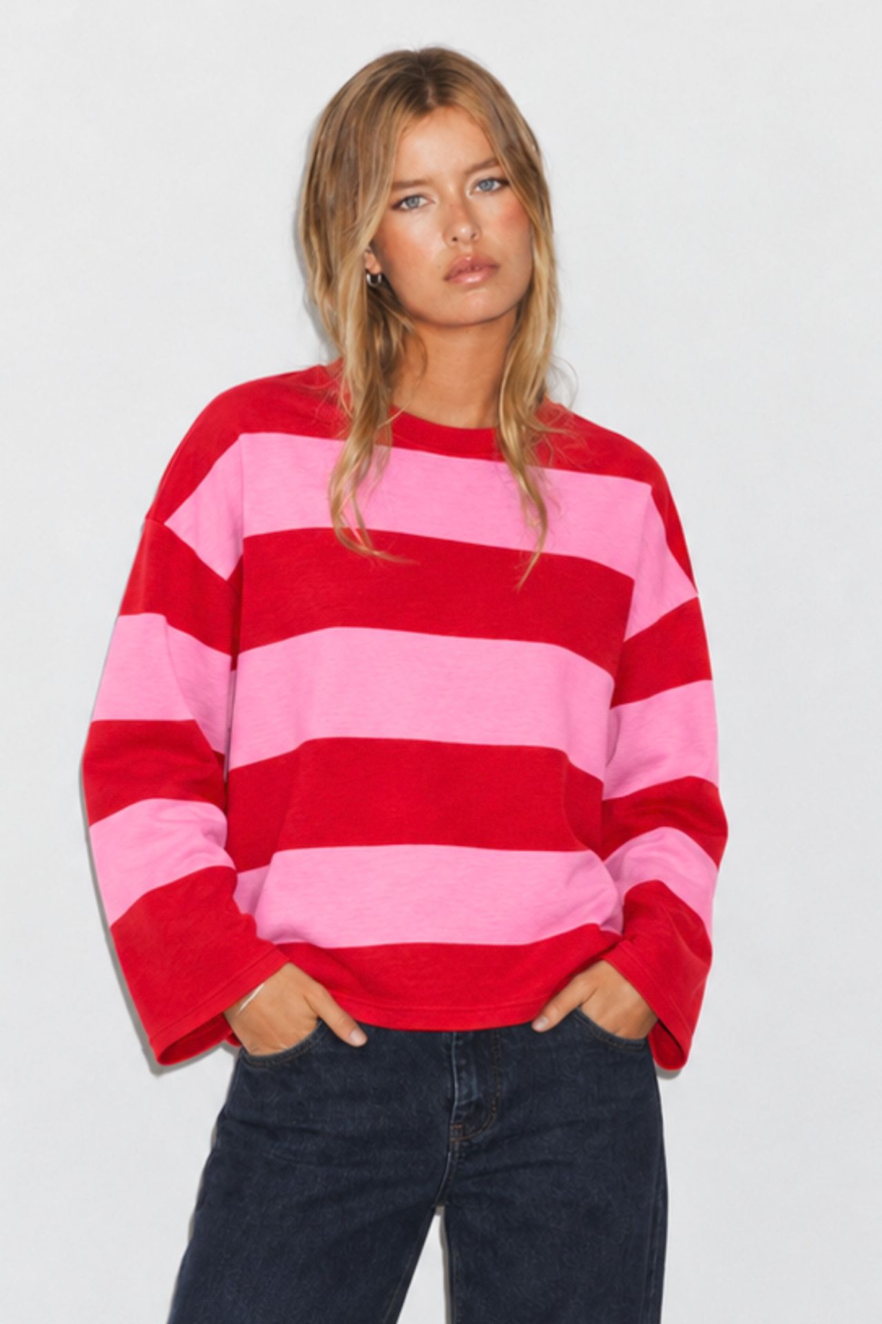 BIPANTOLON Women's Oversized Striped Crew Neck Sweatshirt 5