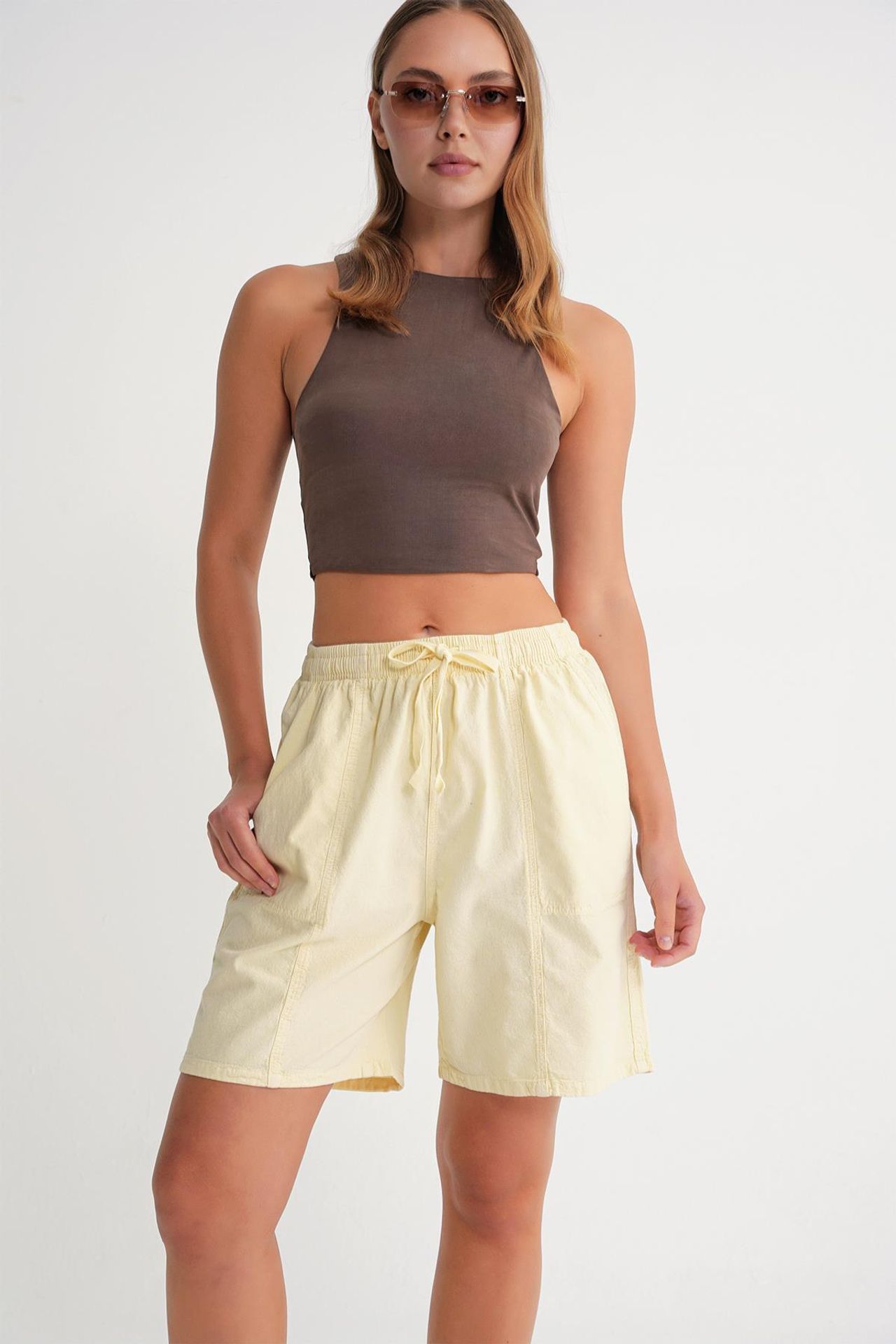 Mixray High Waist Cotton Drawstring Mini Shorts