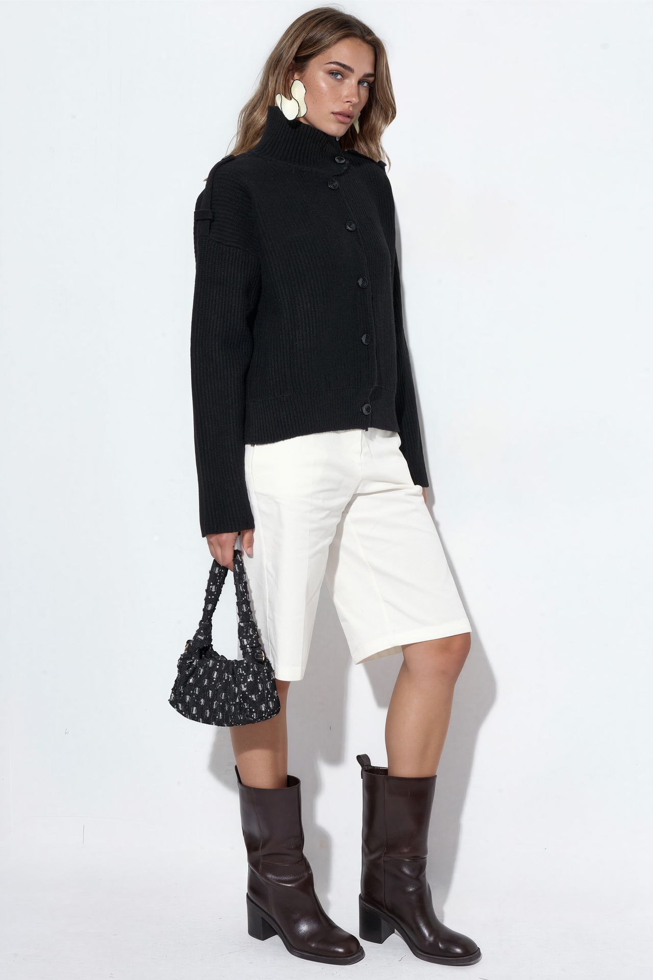 VIORNA Ribbed Half-Turtleneck Button Cardigan 2