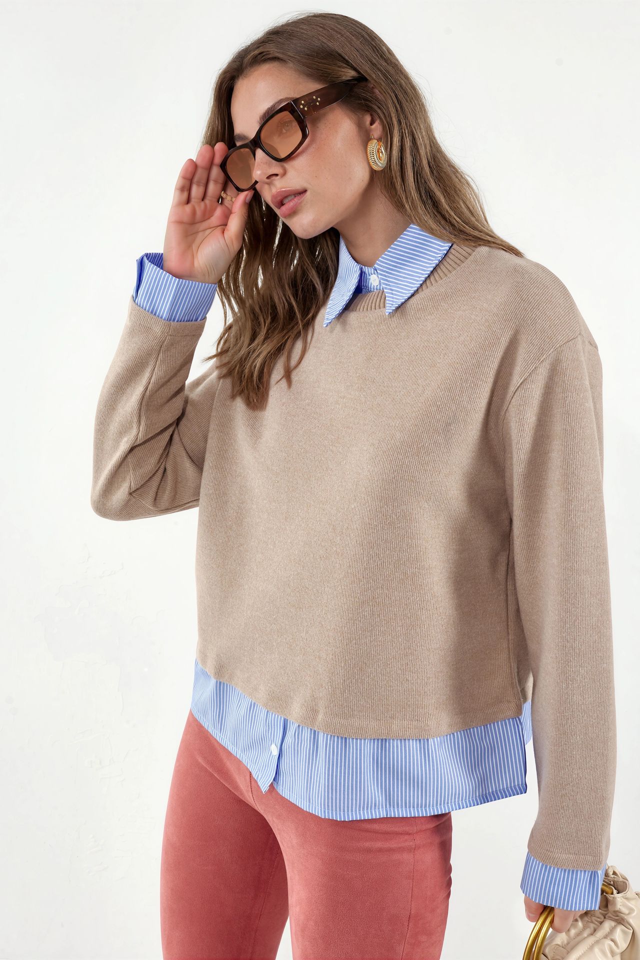BUSEM Women's Cotton-Blend Ribbed Crew Neck Sweater 2
