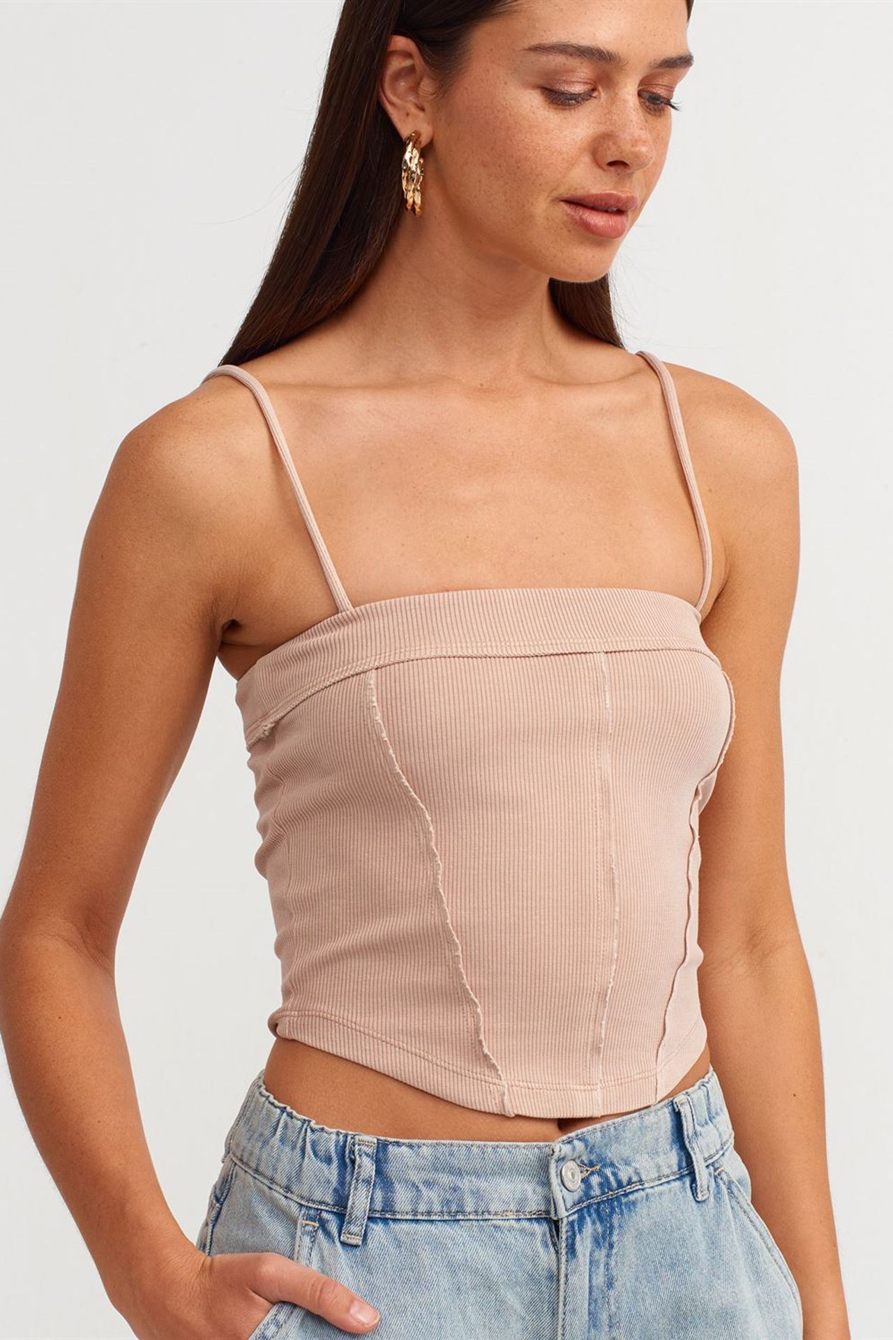 DILVIN Kare Yaka Fitilli Crop Bluz 1