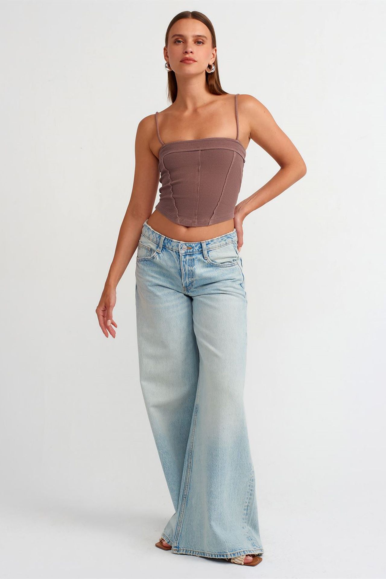 DILVIN Kare Yaka Fitilli Crop Bluz 3