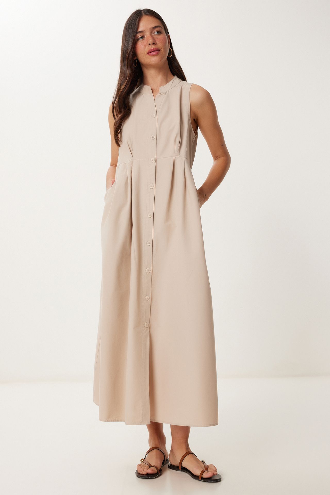 ISTANBUL Mandarin Collar Sleeveless A-Line Midi Dress 1