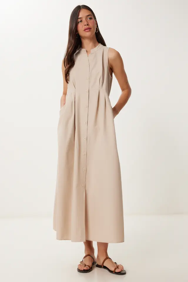 ISTANBUL Mandarin Collar Sleeveless A-Line Midi Dress