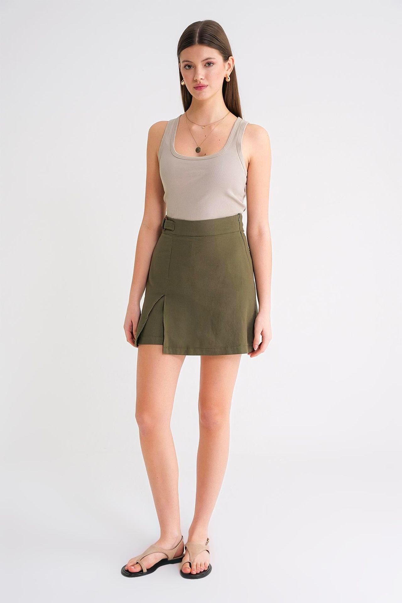 Belted High-Waist Wrap Front Shorts with Slit Detail 2