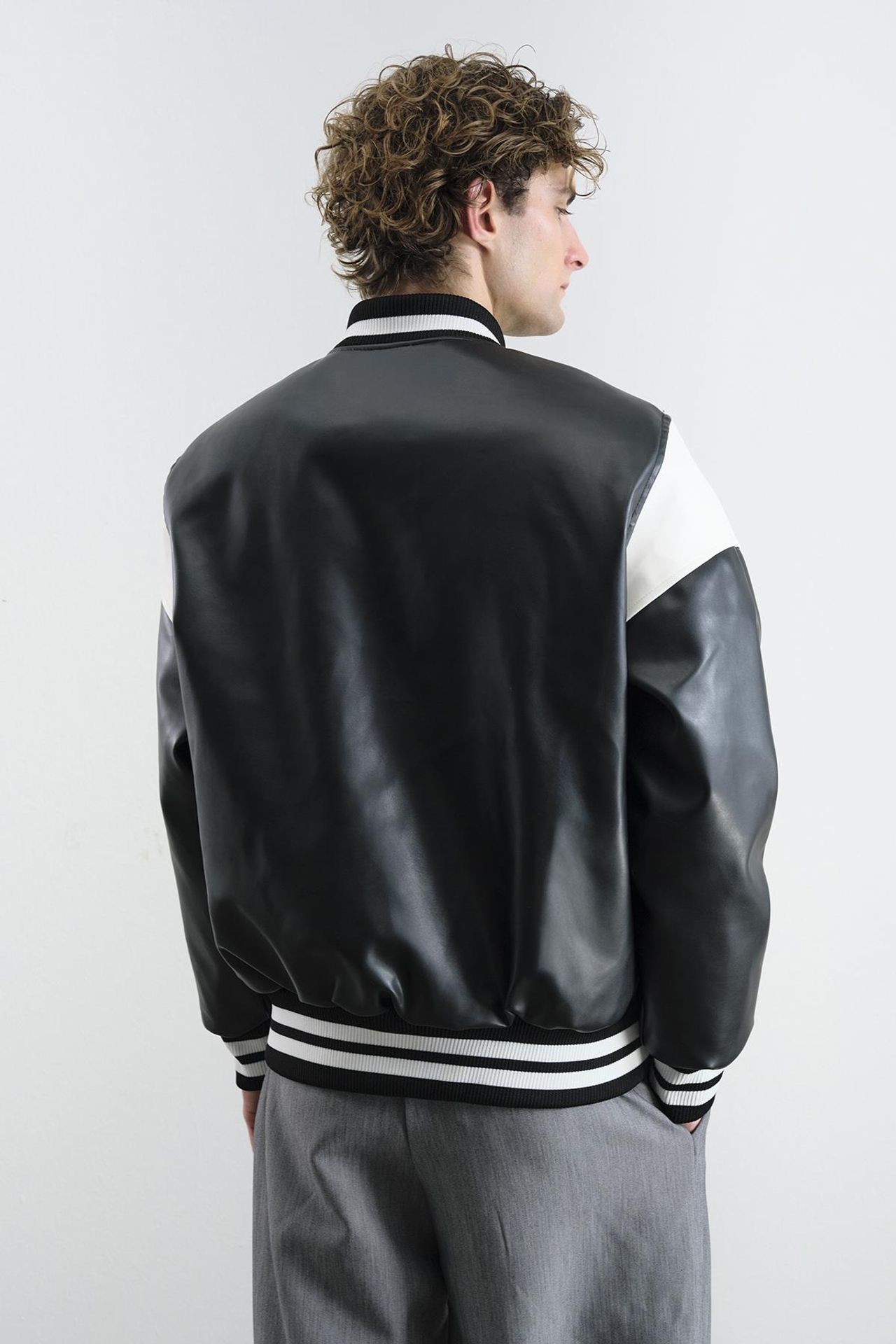 GIESTO Color Blocked Faux Leather Bomber Jacket 3