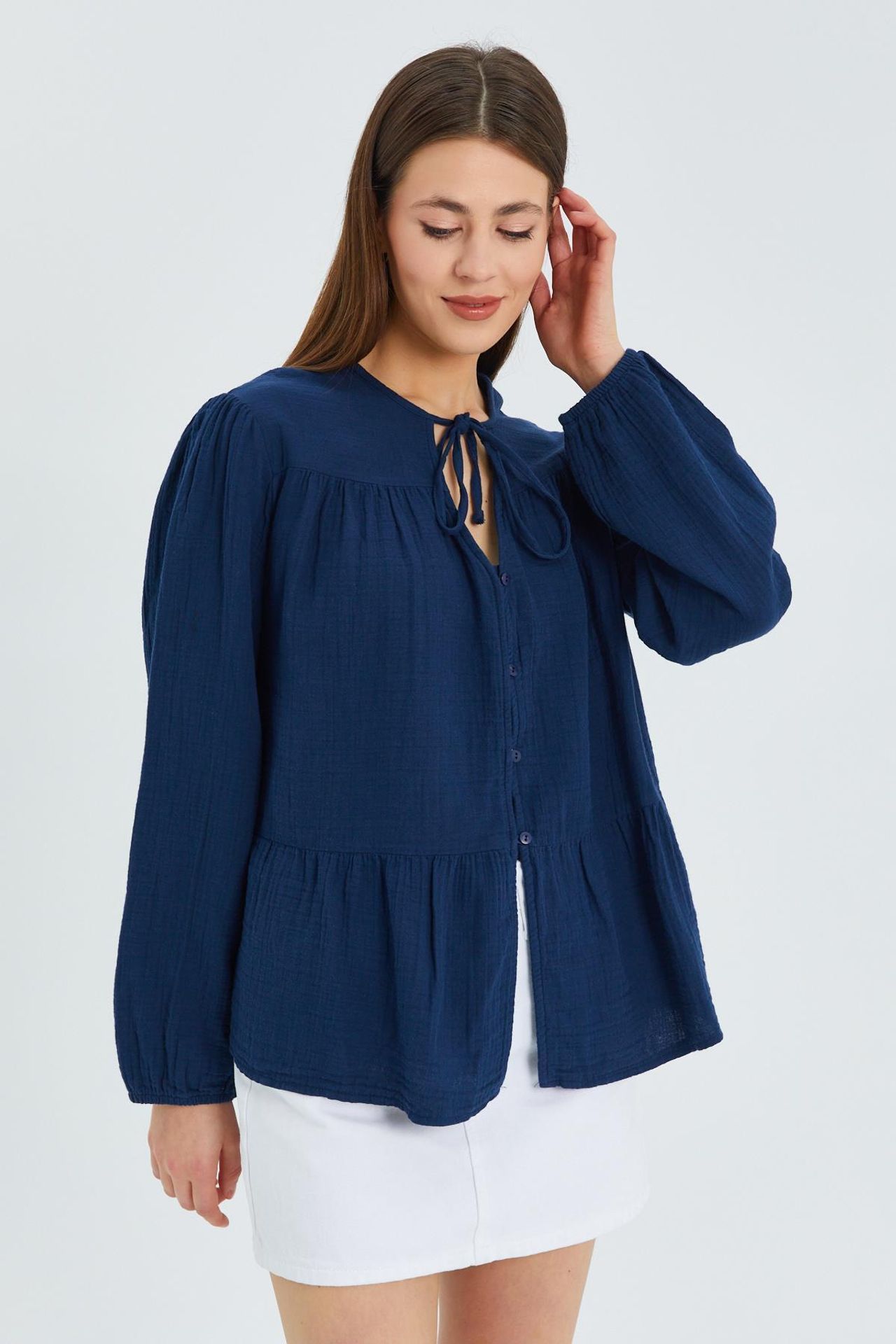 Mixray Long Sleeve Relaxed Fit Blouse with Tie-Neck 5