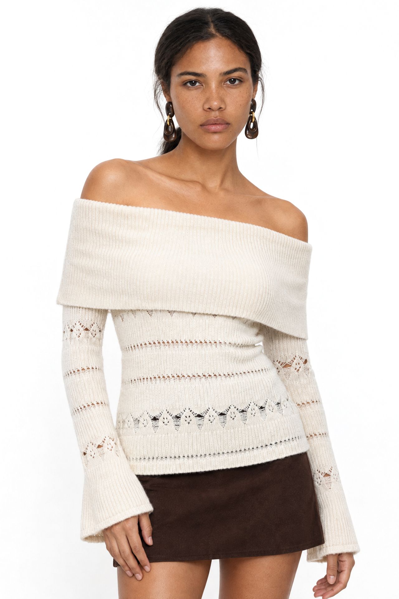 MIXRAY Off Shoulder Textured Ribbed Sweater with Cut Out Details 1