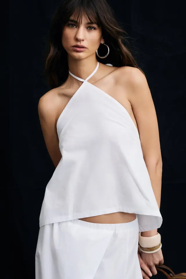 GRIMELANGE Halter Neck Tie Crop Blouse