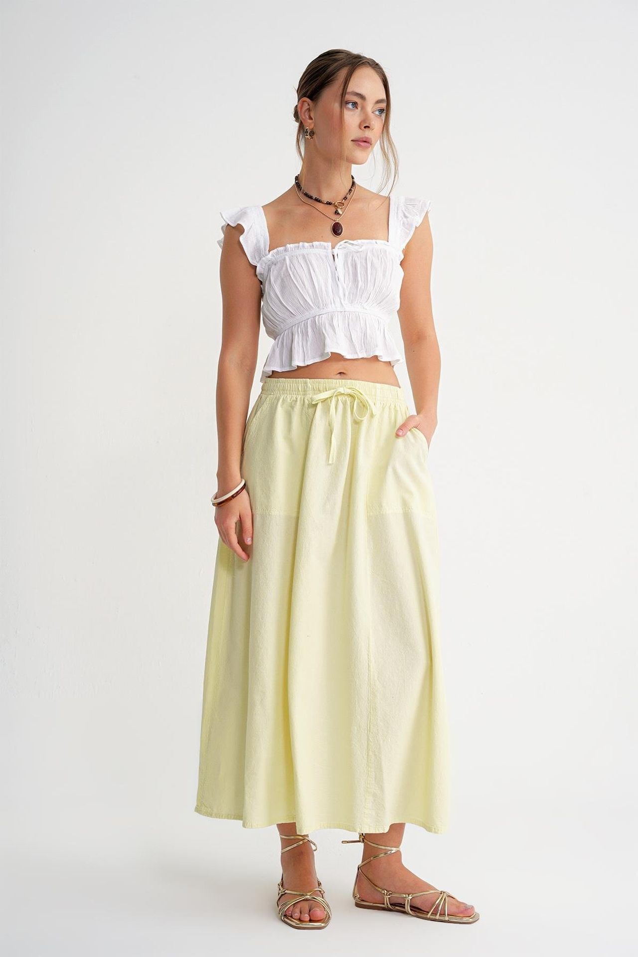 Mixray High-Waisted Poplin Skirt with Drawstring Detail 2