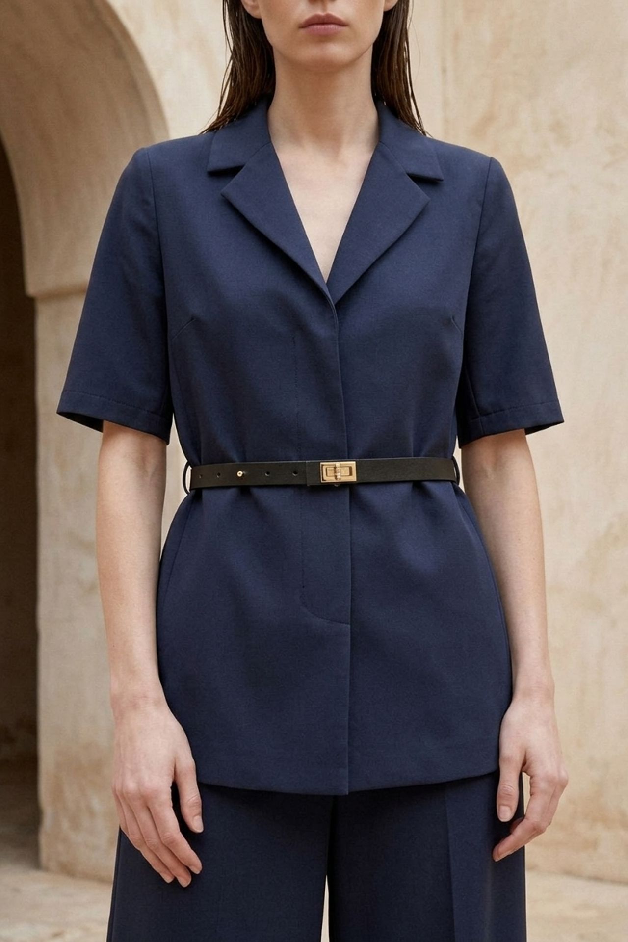 MY FASHION Belted Short Jacket and Wide-Leg Trousers Set 5