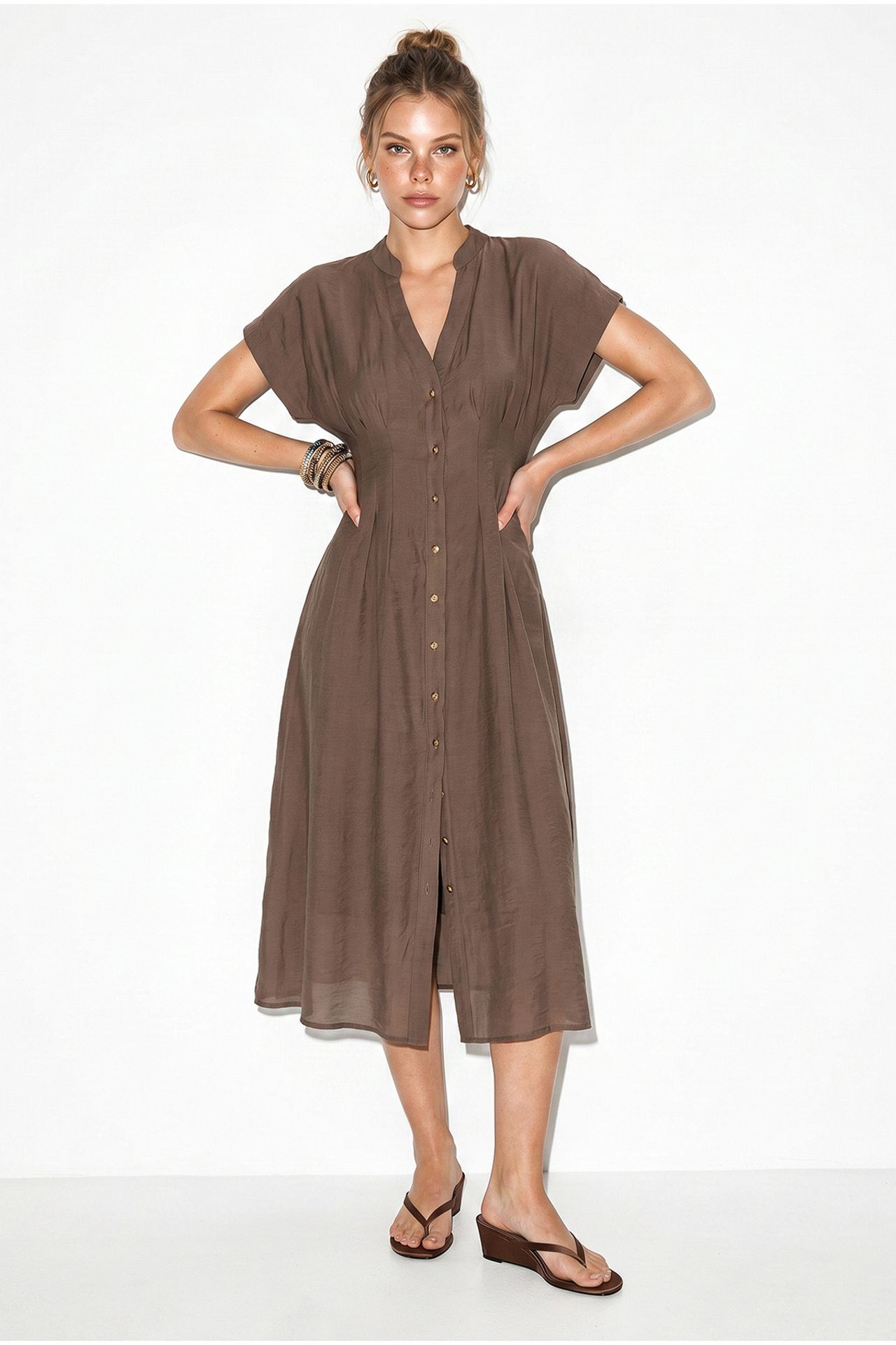 LUCCI A-line Midi Dress With V-neck And Buttons 2