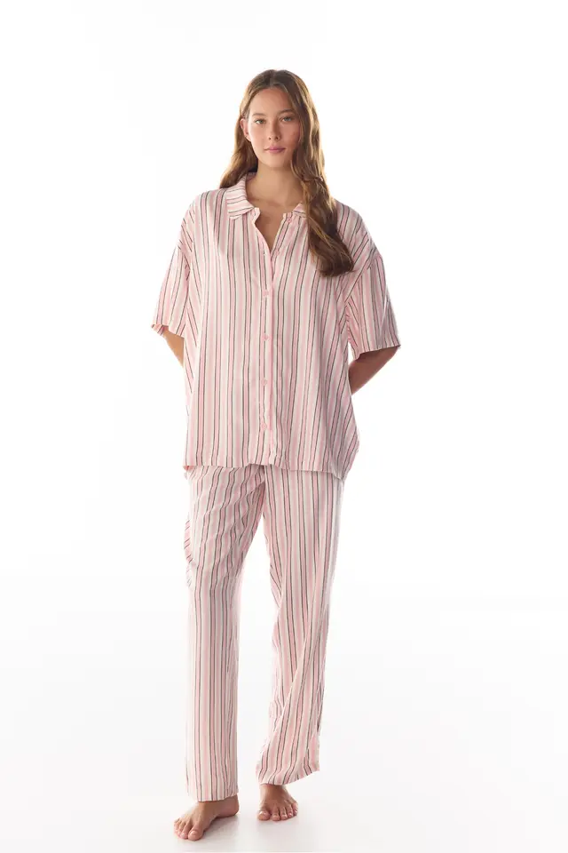 PENTI Sleep Mode Striped Short Sleeve Shirt And Trousers Pajama Set
