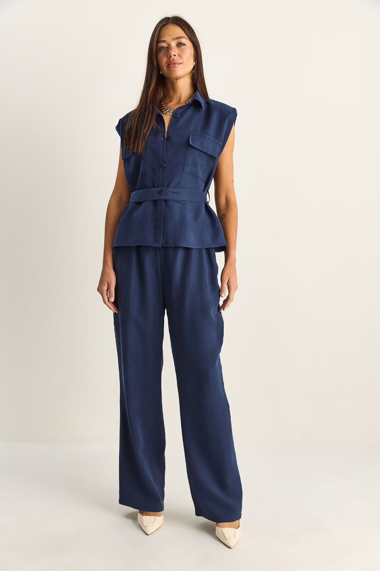 LUCCI Belted Sleeveless Blouse And Wide-Leg Trousers Set 3