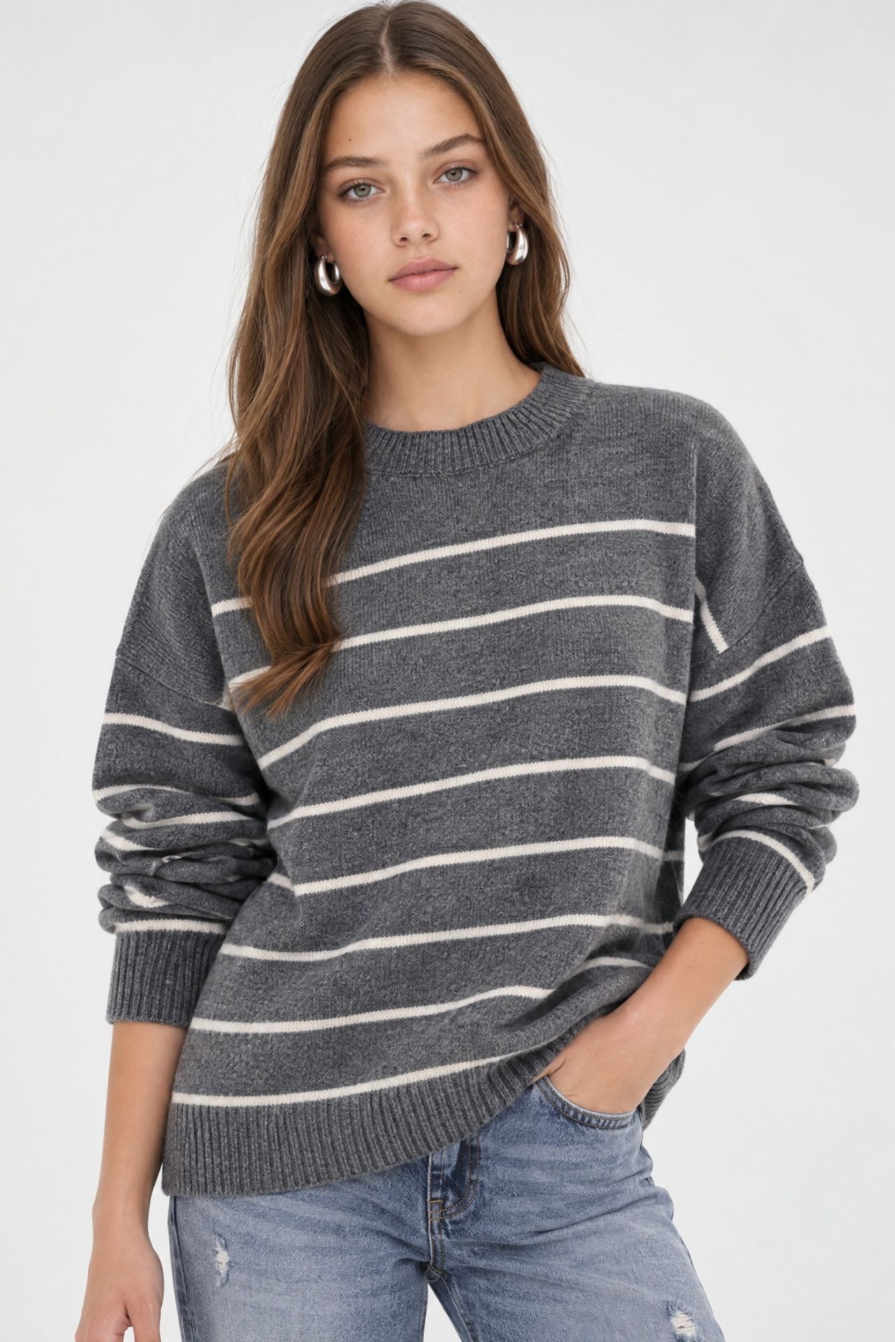 Striped Crew Neck Relaxed Knit Pullover Sweater 1