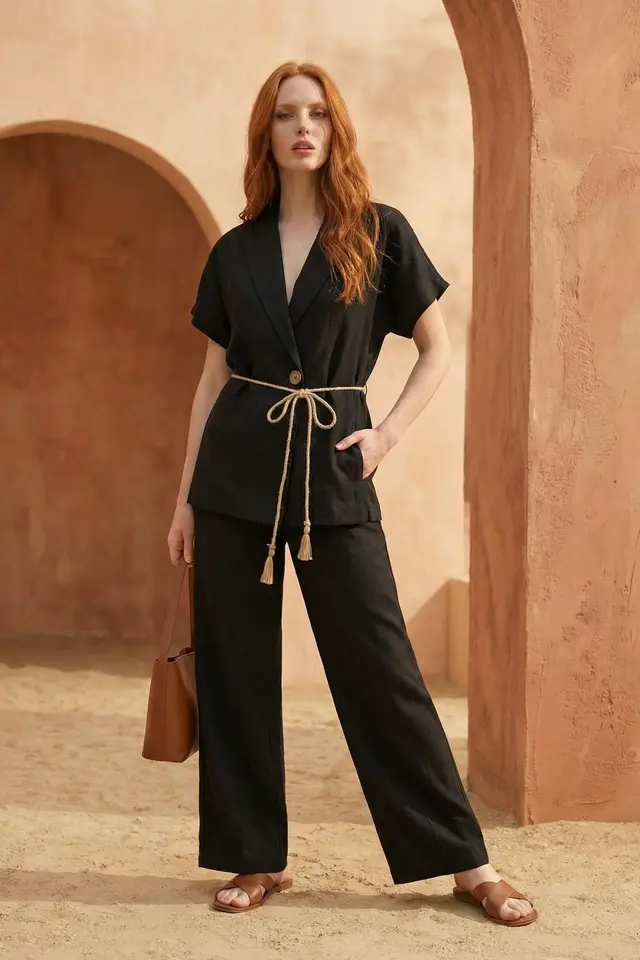 MY FASHION V-Neck Buttoned Blouse & High Waist Trousers Two-Piece Set