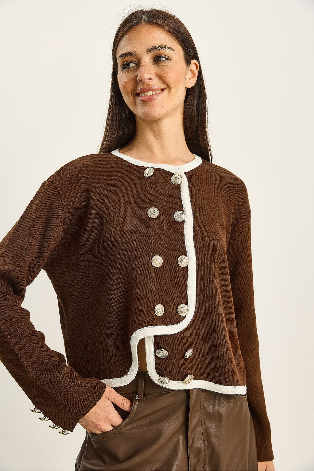 LUCCI Ribbed Knit Button-Up Cardigan