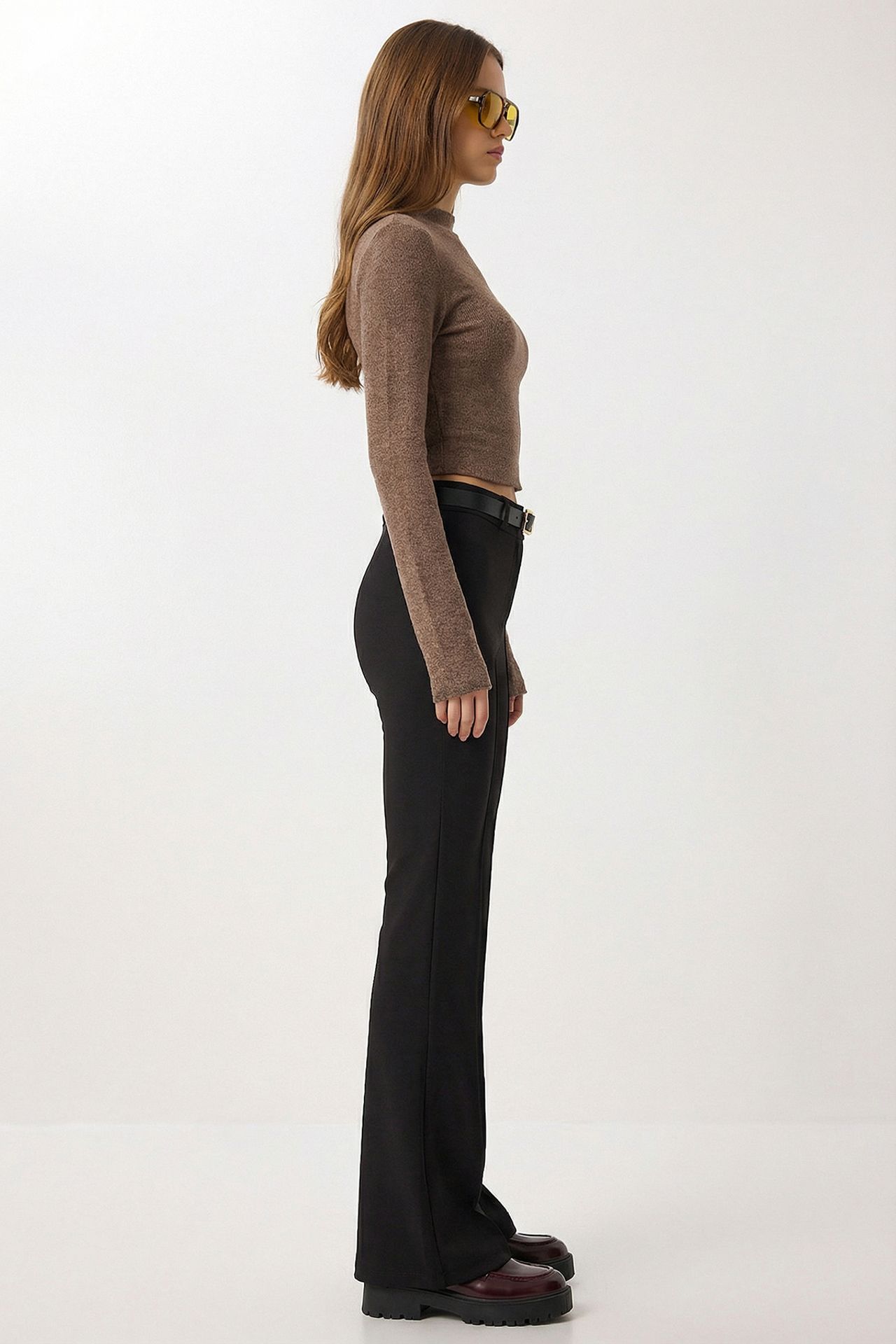 ISTANBUL High Waist Flare Leg Pants with Belt 3