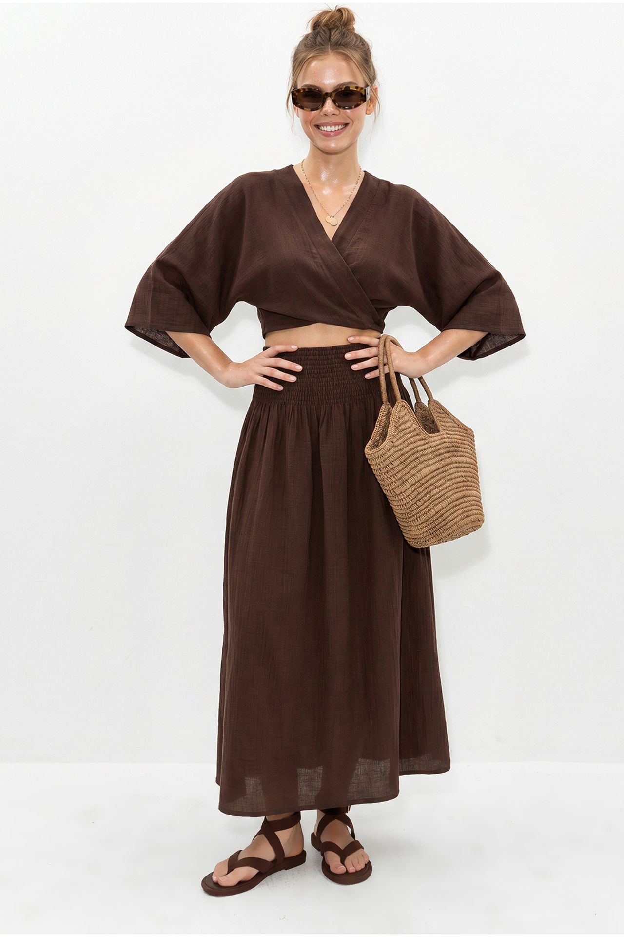 LUCCI Cotton Two-Piece Blouse And Midi Skirt Set