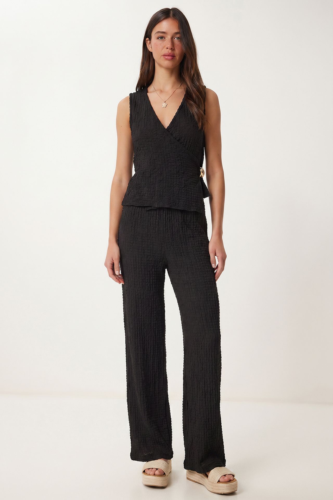 ISTANBUL Textured V-Neck High Waist Co-Ord Set with Wide Leg Pants 1