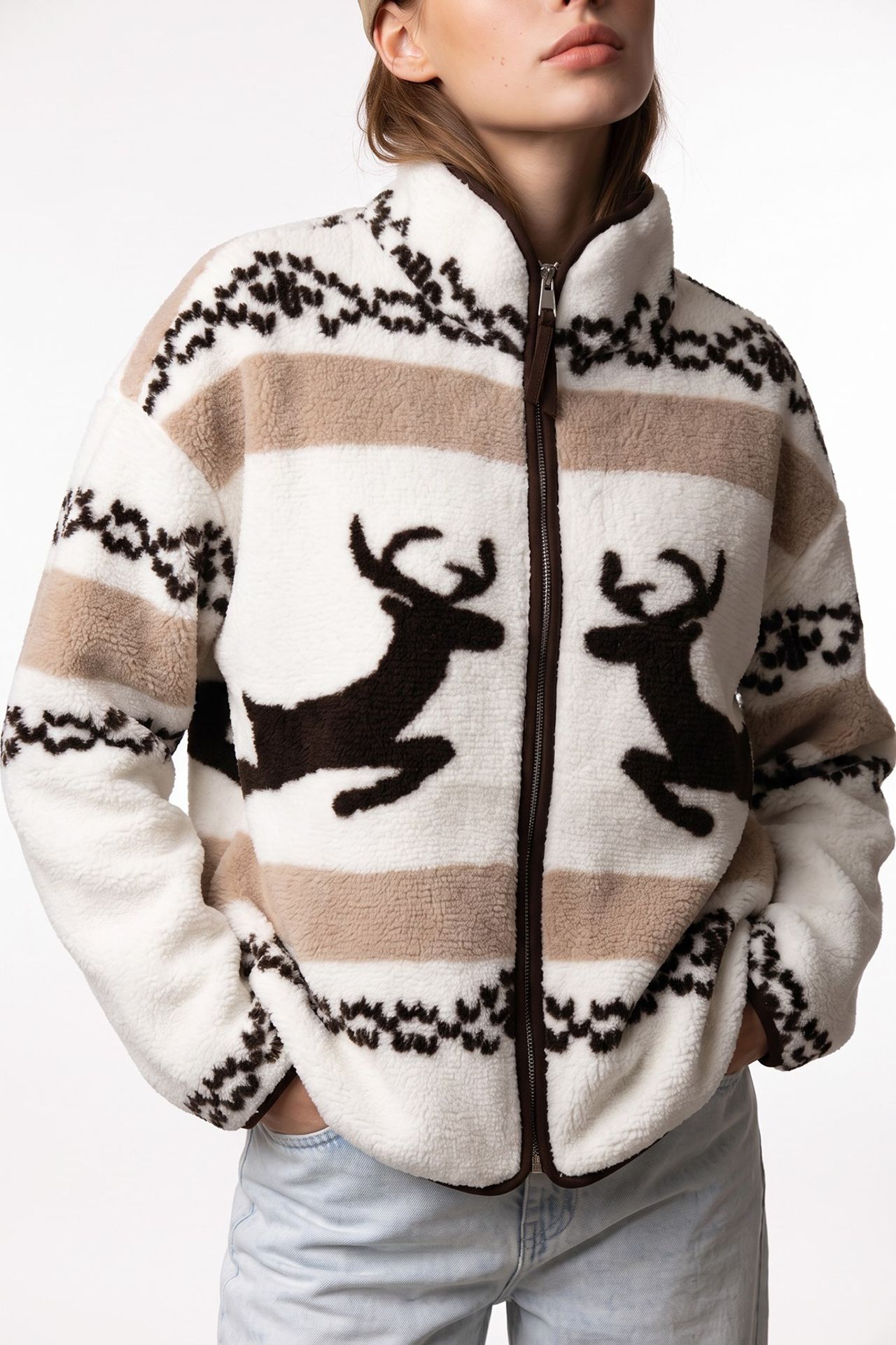 MIXRAY Kadın Geometrik Fermuarlı Yaka Sweatshirt 3