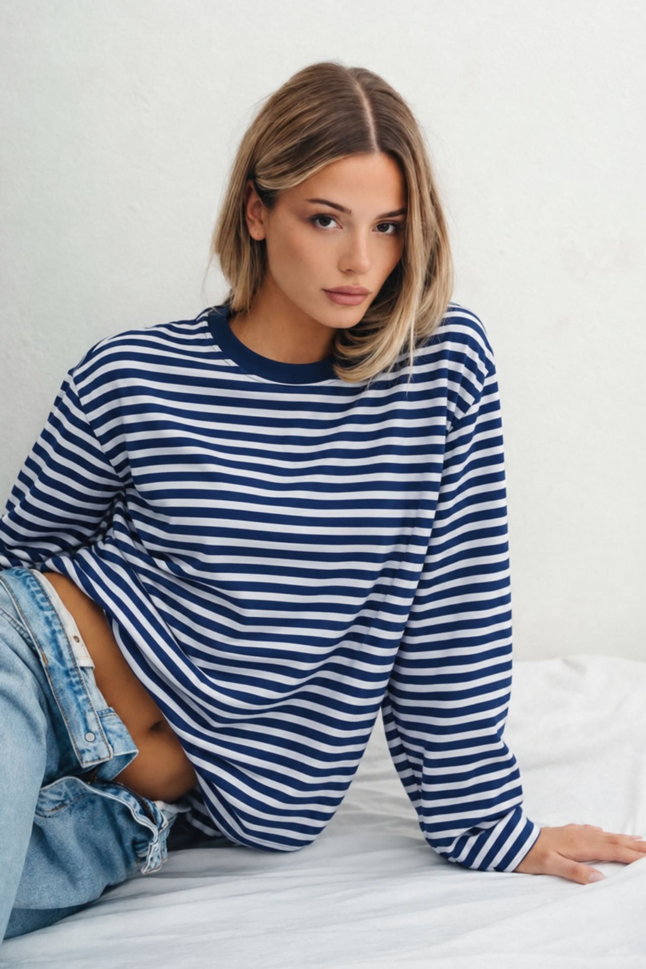 BIPANTOLON Kadın Oversize Çizgili Bisiklet Yaka Sweatshirt 1
