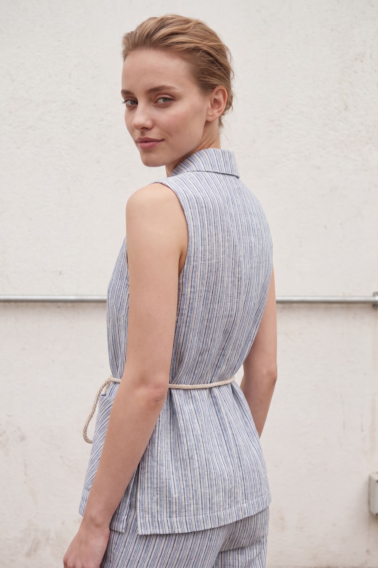 MY FASHION Striped Shawl-Collar Vest and Wide-Leg Trousers Set 6
