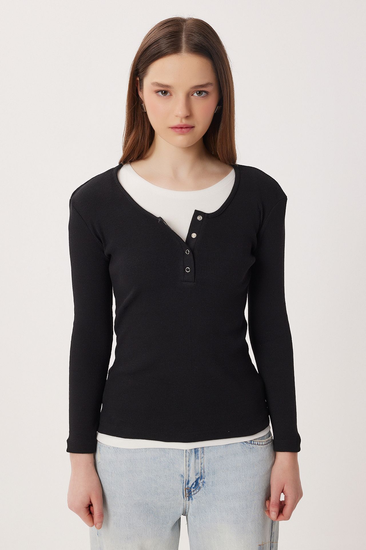 ISTANBUL Slim Fit Ribbed Button-Up Long Sleeve Blouse 3