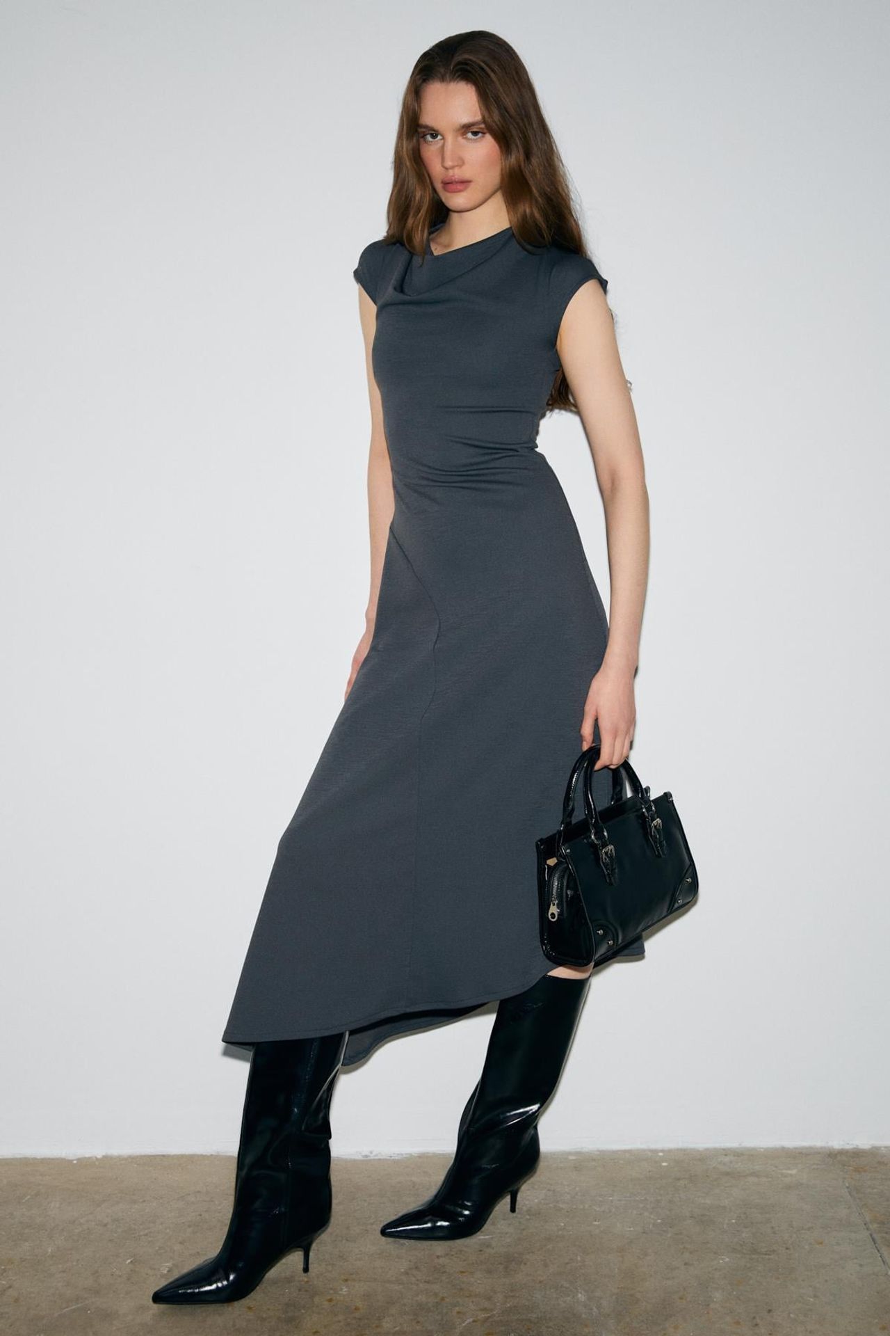 GRIMELANGE Asymmetric Cowl Neck Midi Dress 2