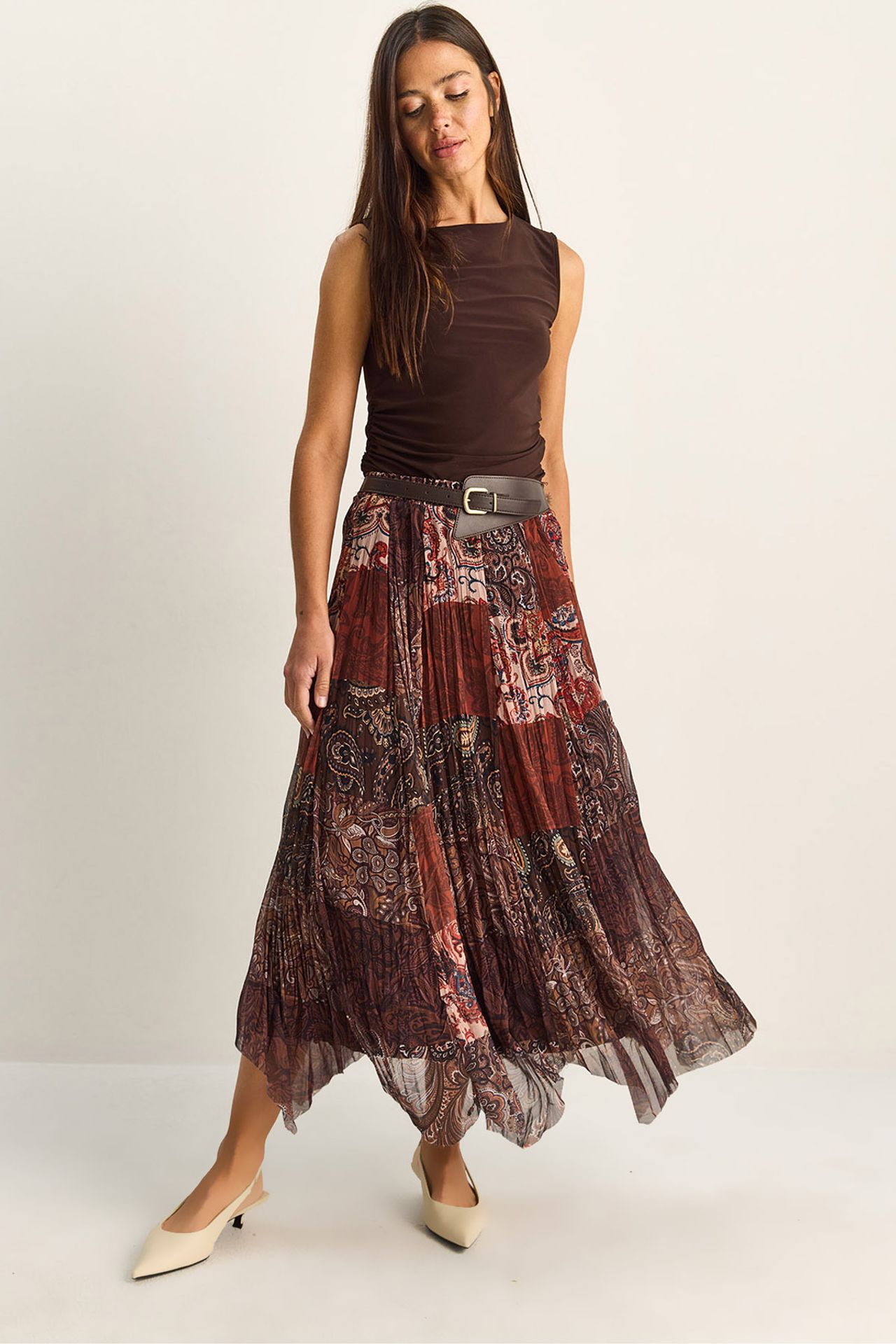 LUCCI High Waist Paisley Print Midi Skirt with Belt 1