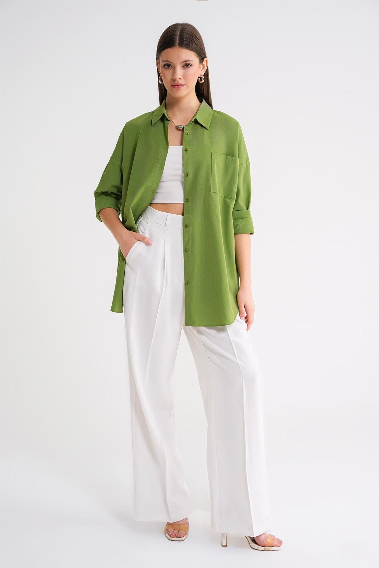 Oversized Long-Sleeve Button-Up Poplin Shirt 1