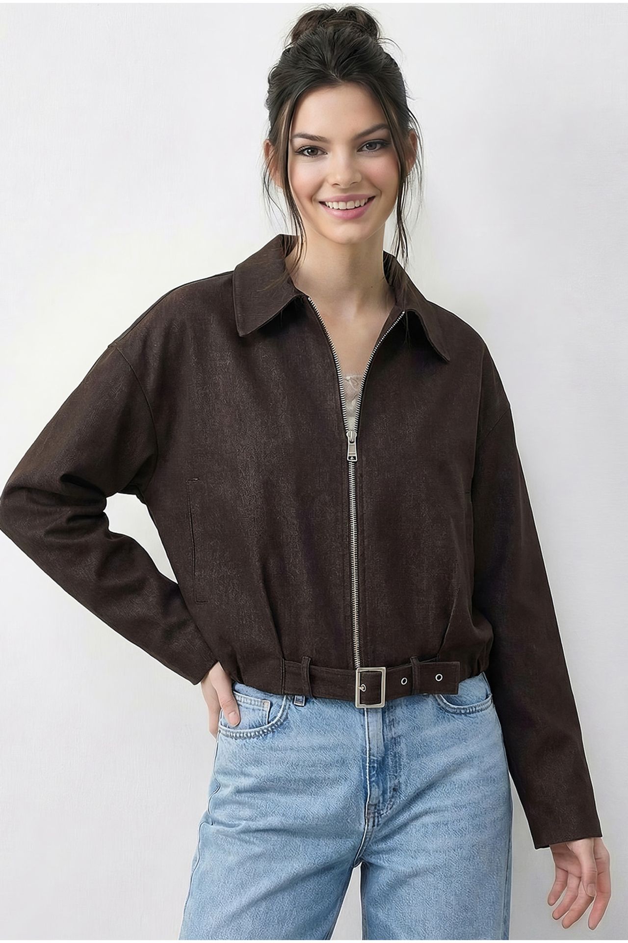 LUCCI Oversized Denim Bomber Jacket with Belt 2