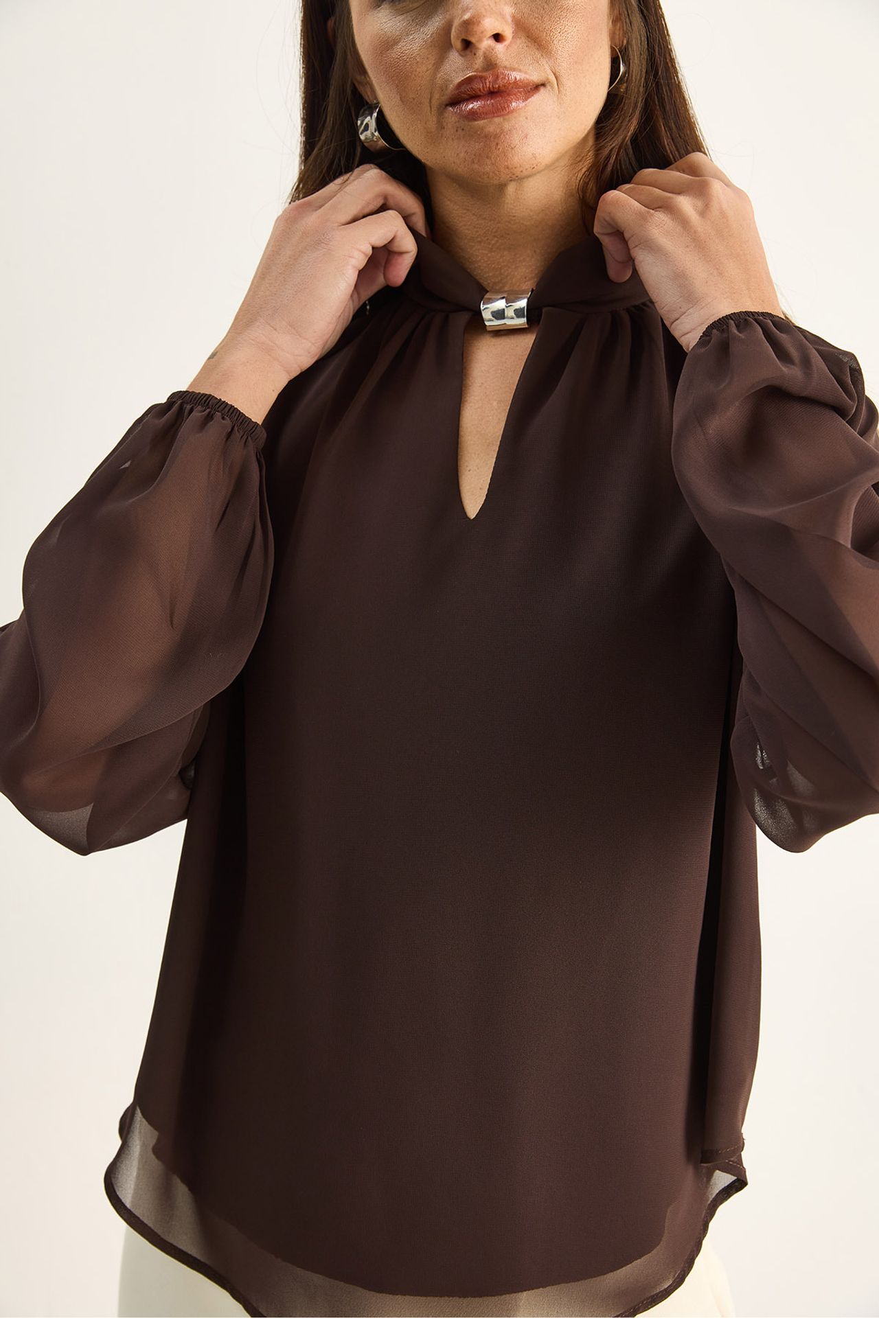 LUCCI Mandarin Collar Chiffon Blouse with Stone Accessory 5