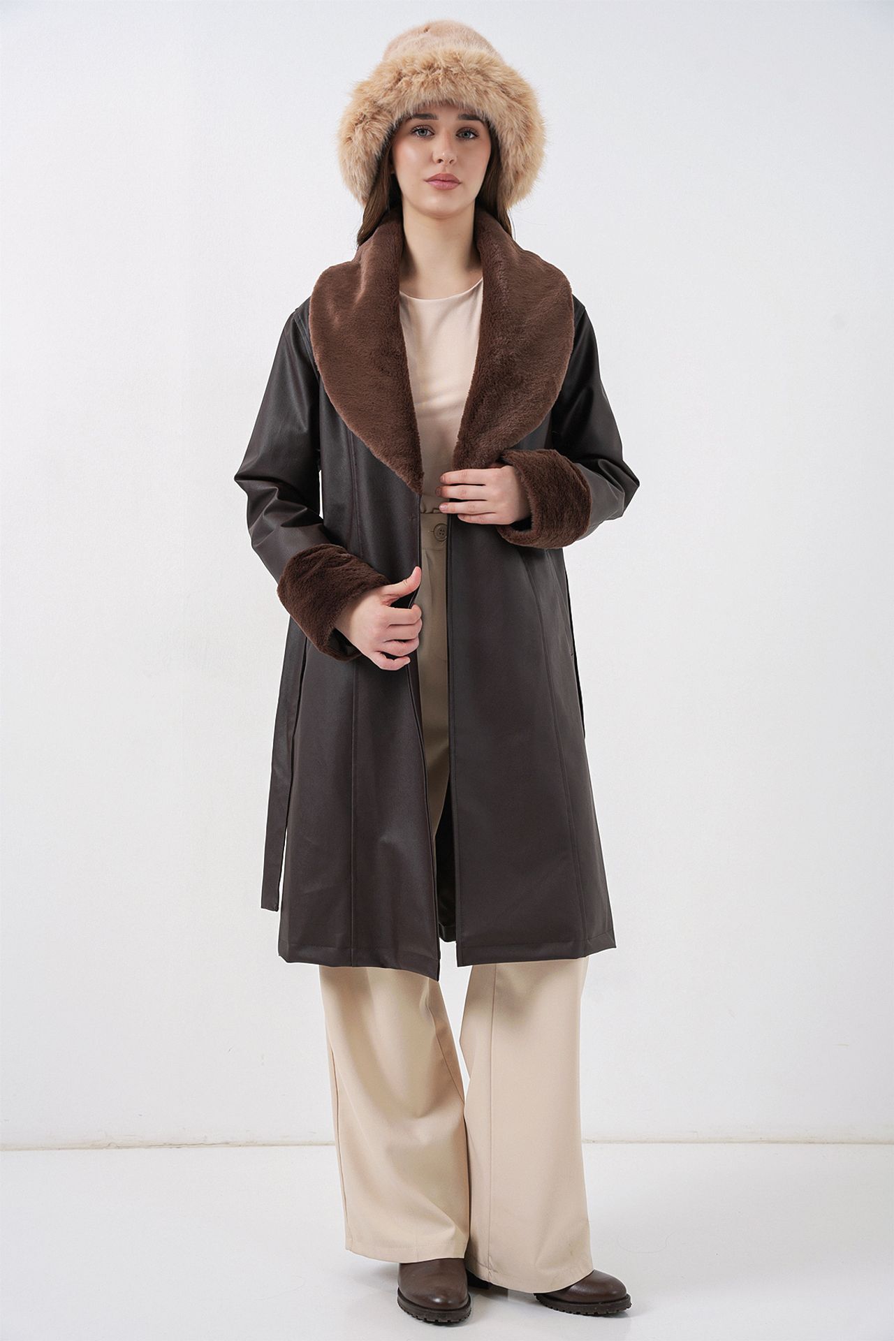 BDART Long Faux Leather Coat with Shawl Collar