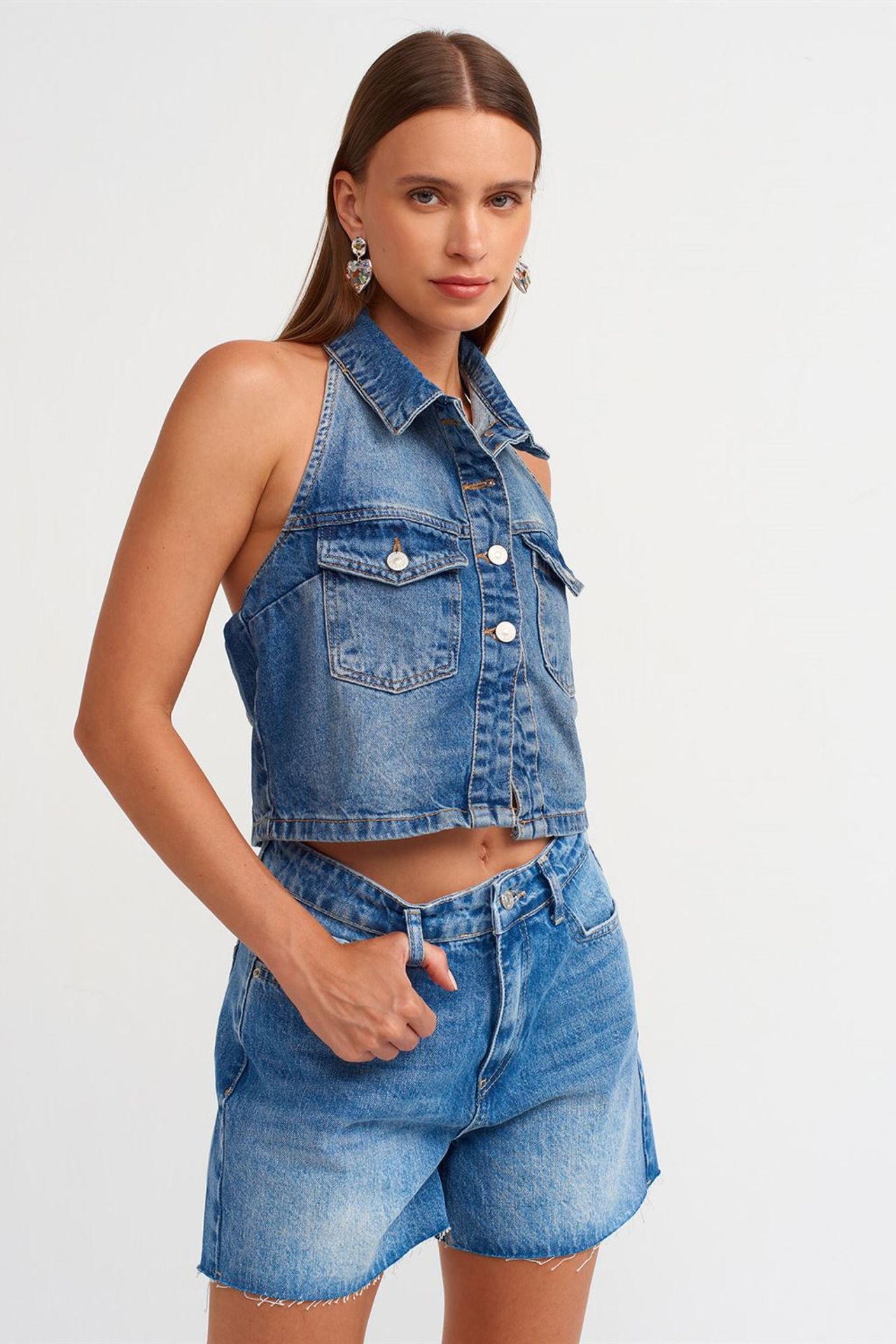 DILVIN Yüksek Belli Düğmeli Denim Şort 3