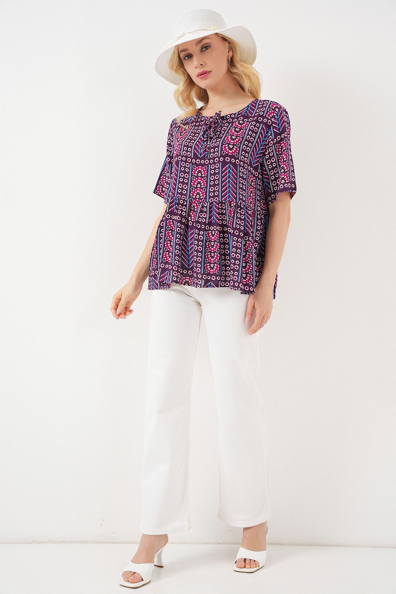 BDART Patterned Crew Neck Blouse with Bow Detail 2