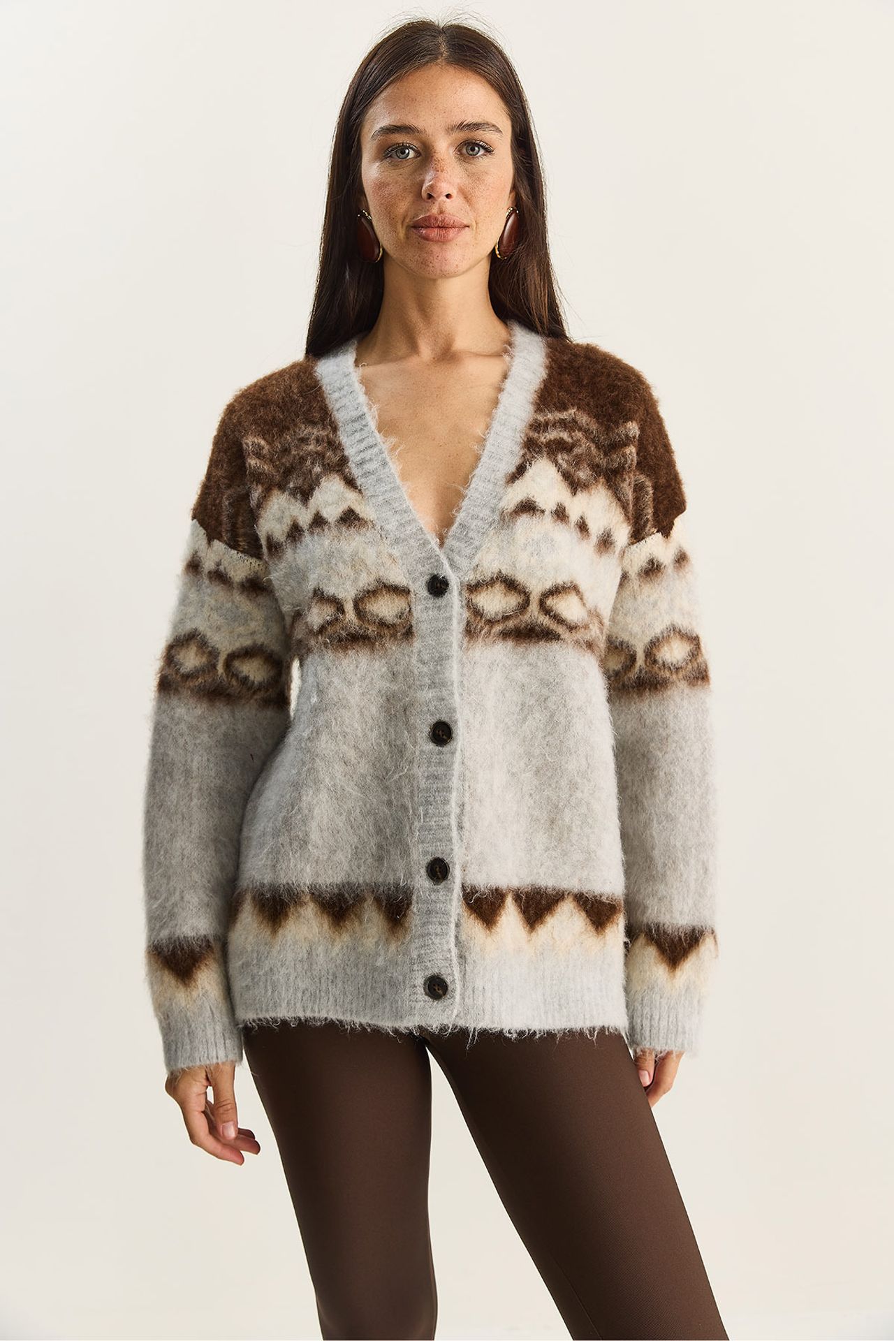 LUCCI Thick Ethnic Pattern V-neck Cardigan with Buttons 2